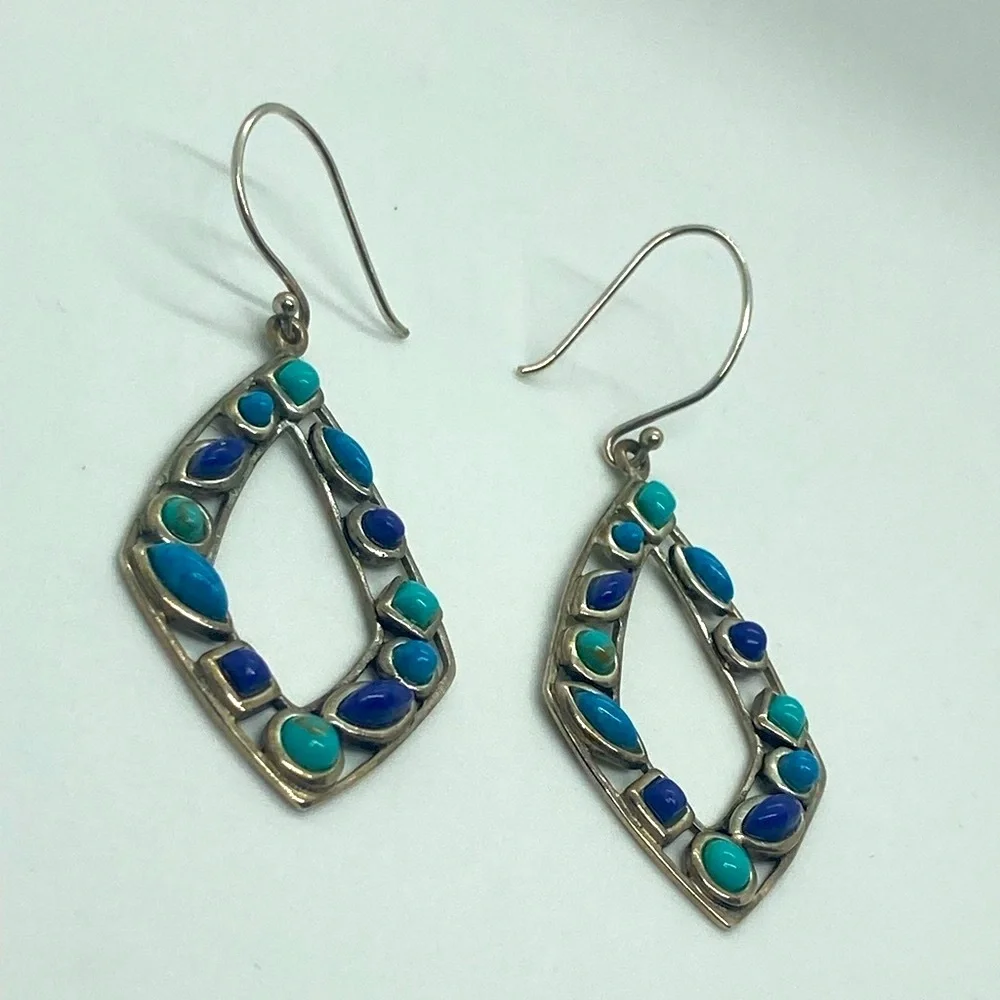 Vtg 925 Sterling Silver & Multi Colour Blue Turqouise Dangle Earrings | 2.2” - Picture 5 of 13
